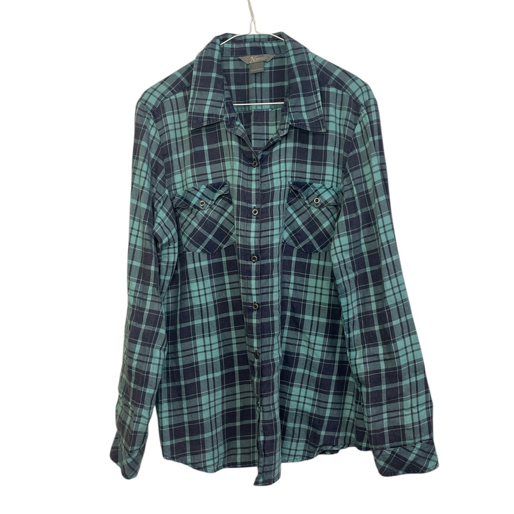 Natural Reflections Teal Plaid Flannel Shirt – Soft 100% Cotton Button-Up Size L